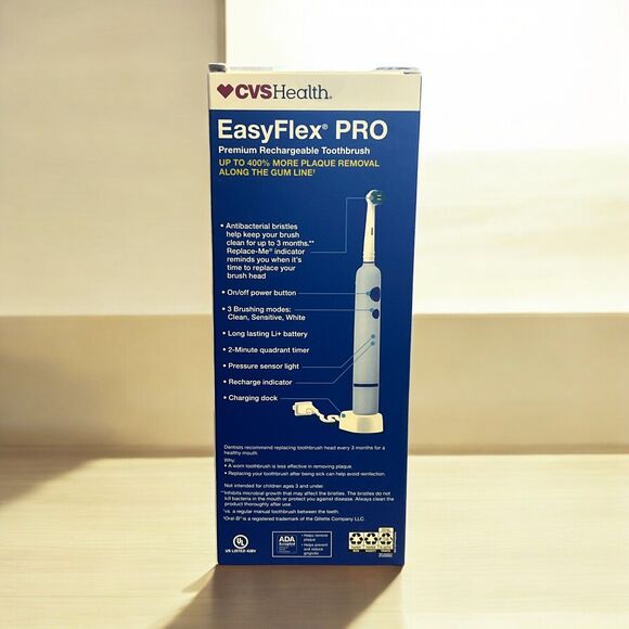 CVS Easy Flex Pro Premium Rechargeable Toothbrush Timer Antibacterial Bristles - Picture 3 of 4